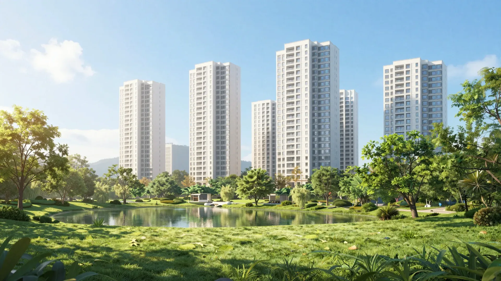 林口智慧園區明亮綠意住宅與公園景觀示意